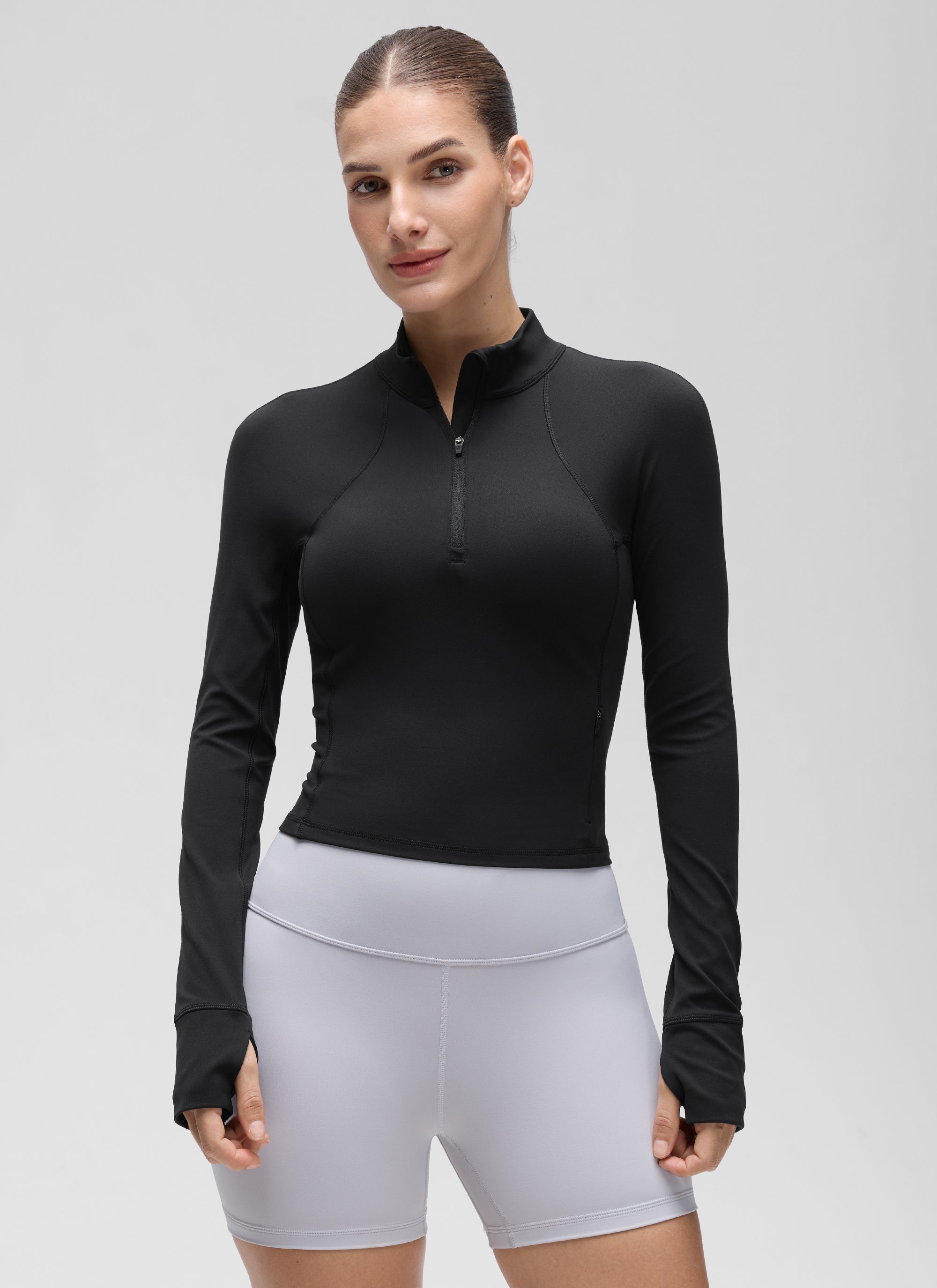 CRZ YOGA Mujer Camiseta Butterluxe con Cremallera Media Negro