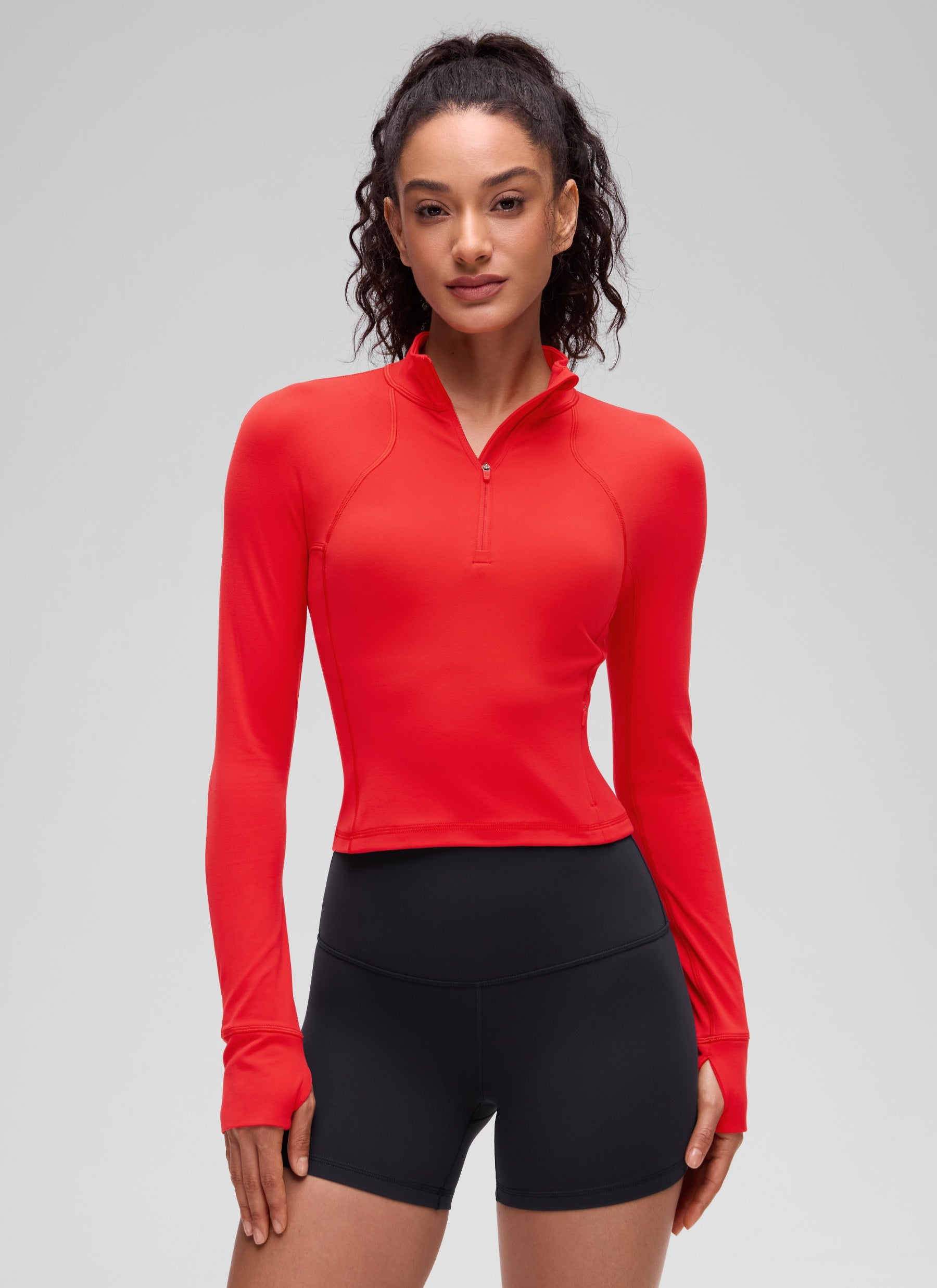 CRZ YOGA Mujer Camiseta Butterluxe con Cremallera Media Rojo Profundo