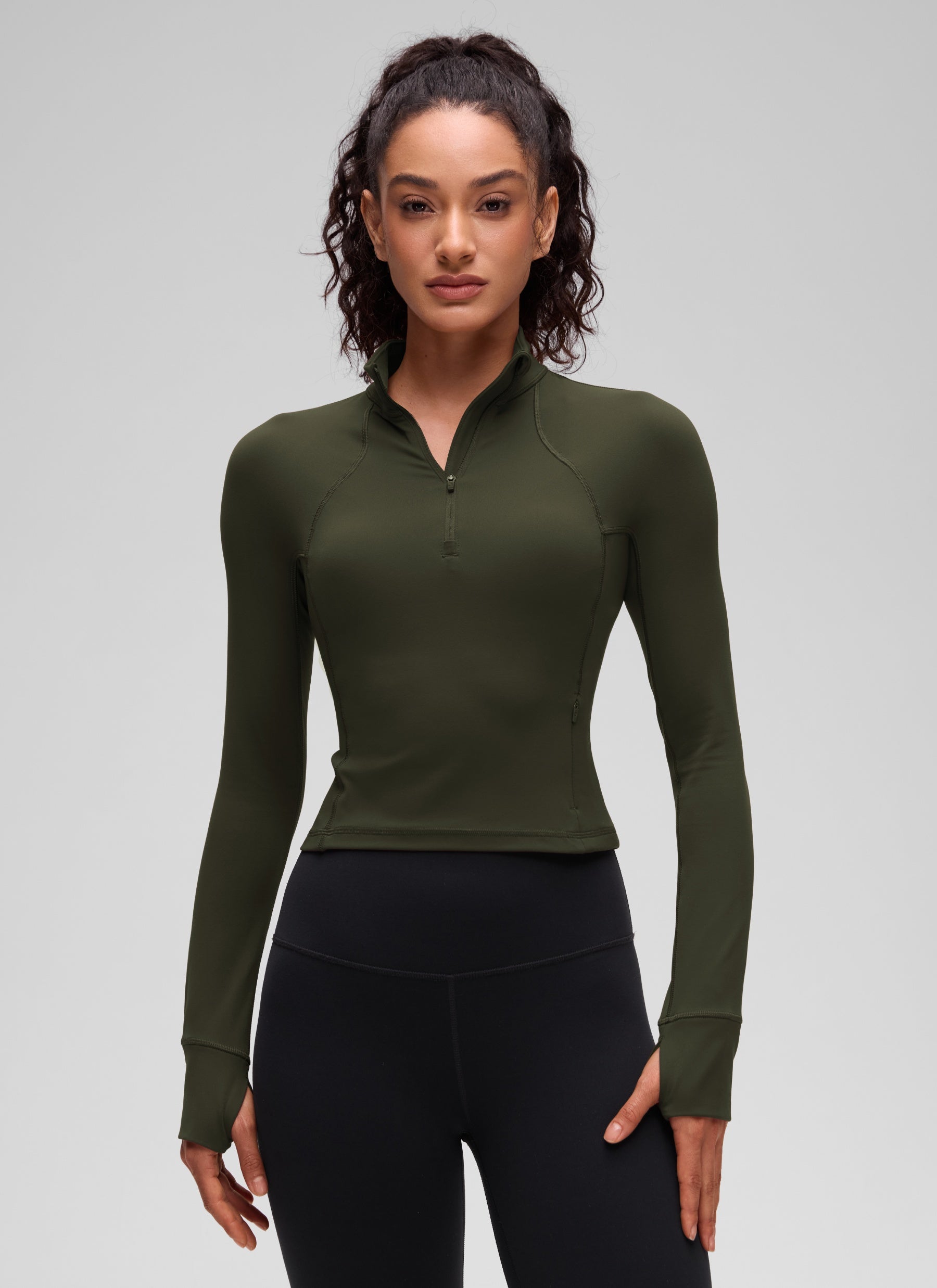 CRZ YOGA Mujer Camiseta Butterluxe con Cremallera Media Verde Oliva