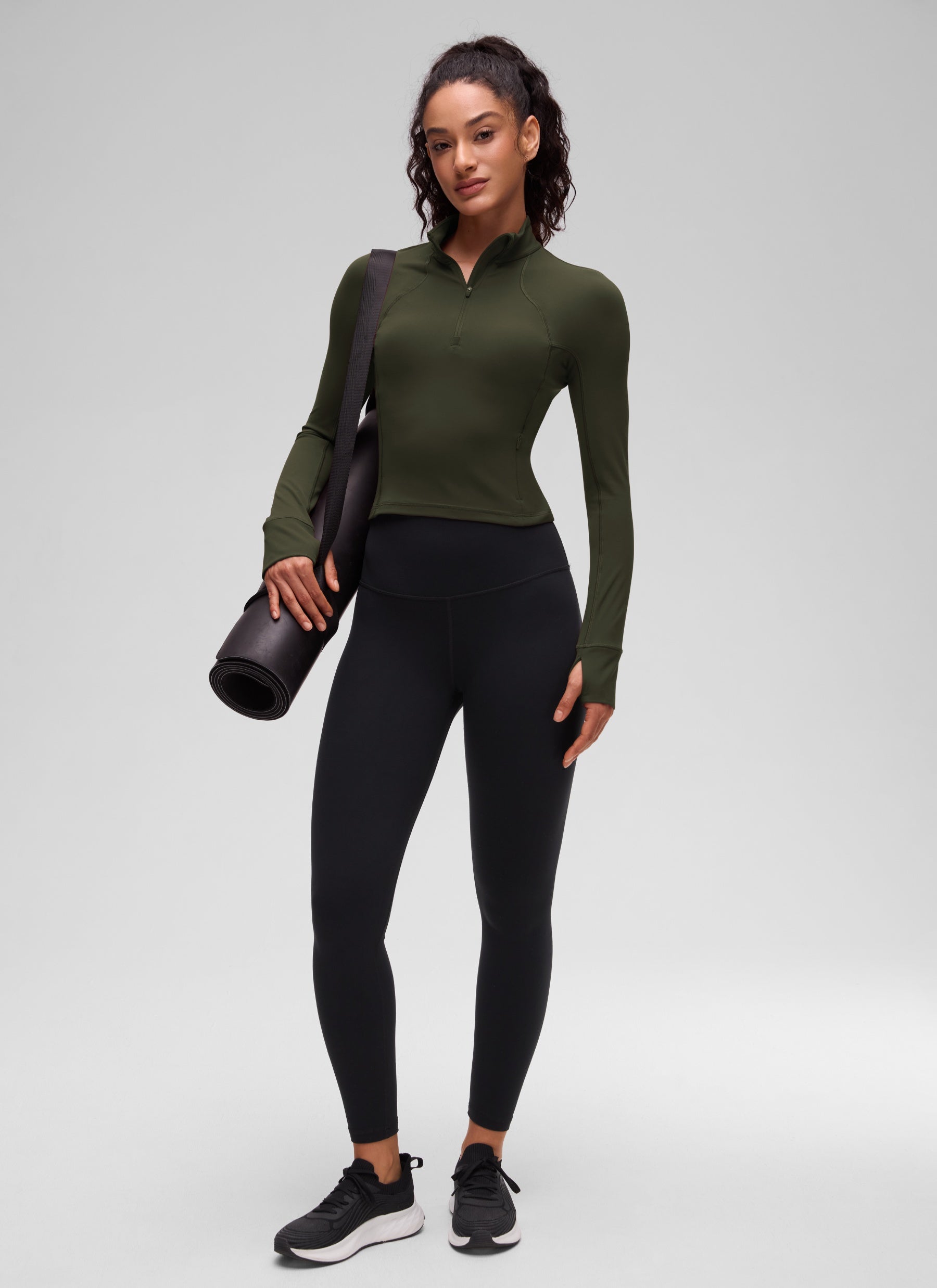 CRZ YOGA Mujer Camiseta Butterluxe con Cremallera Media Verde Oliva