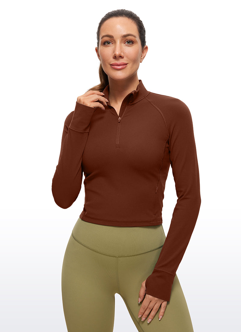 CRZ YOGA Mujer Camiseta Butterluxe con Cremallera Media Azufaifo Marrón