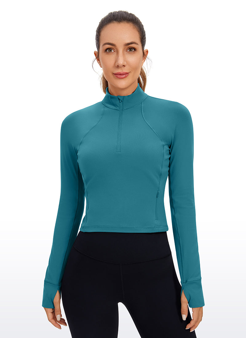 CRZ YOGA Mujer Camiseta Butterluxe con Cremallera Media Verde Boreal