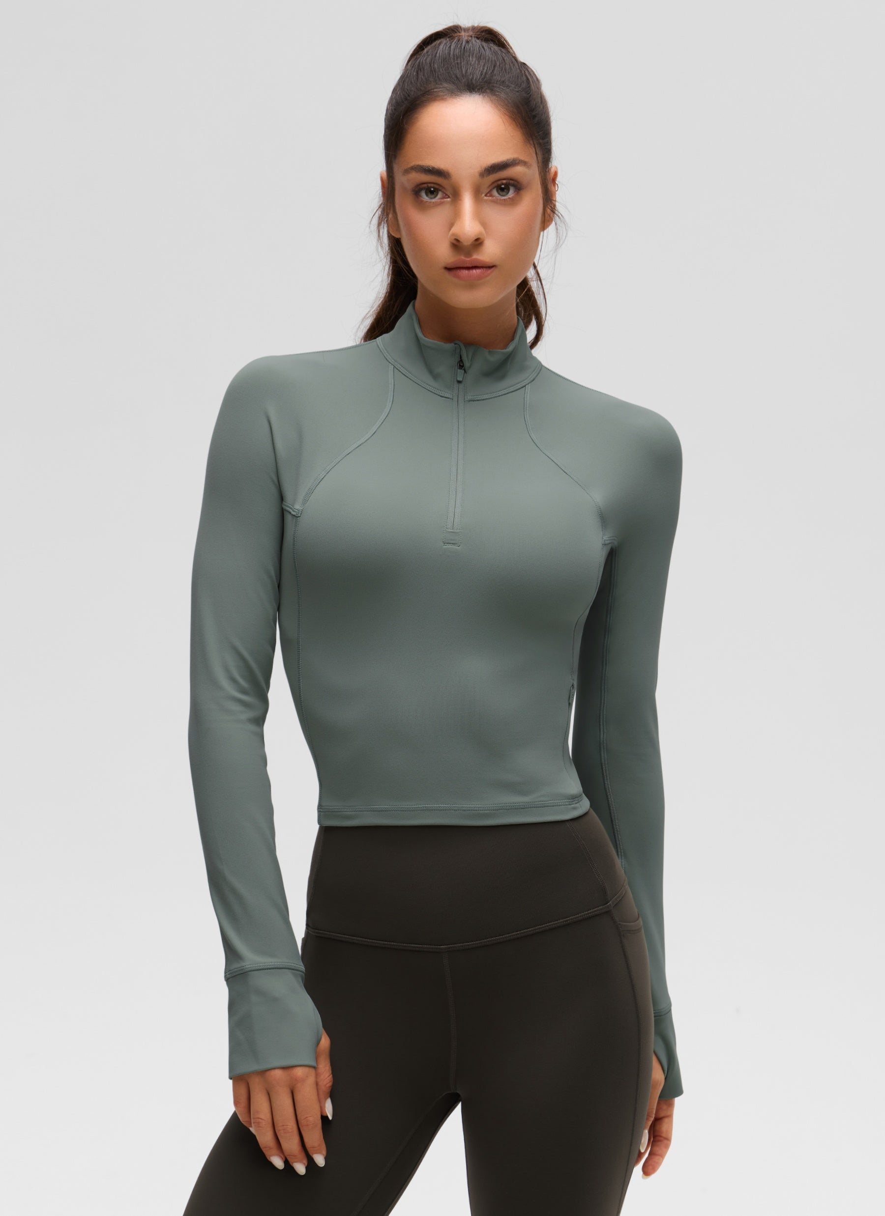 CRZ YOGA Mujer Camiseta Butterluxe con Cremallera Media Salvia gris
