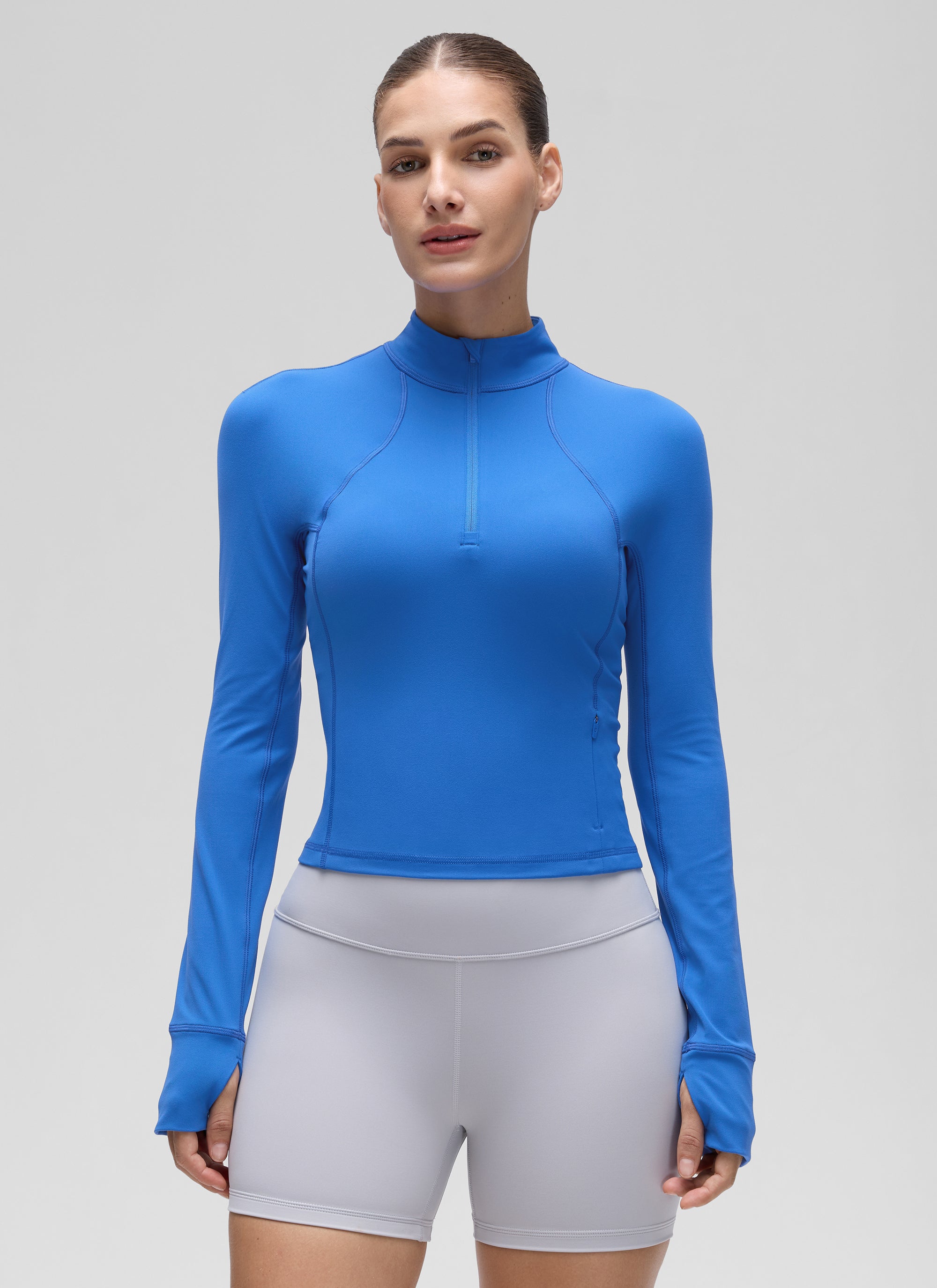 CRZ YOGA Mujer Camiseta Butterluxe con Cremallera Media Azul Destello