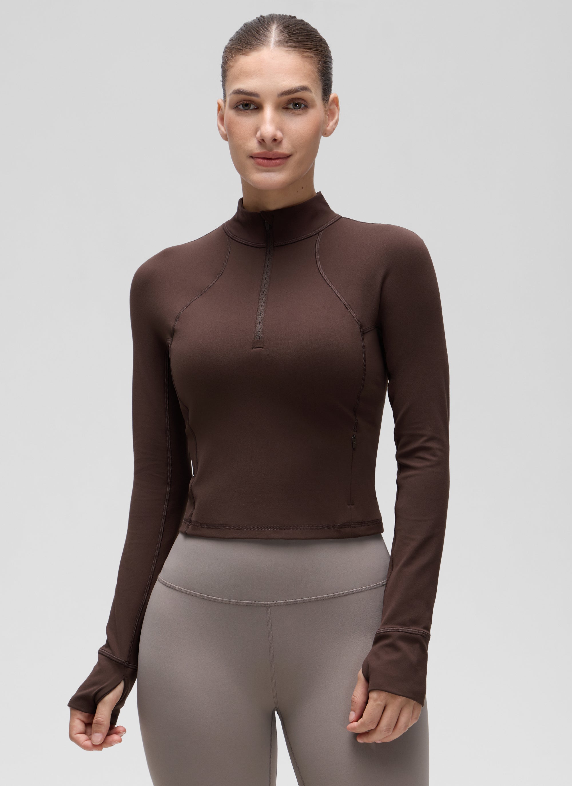 CRZ YOGA Mujer Camiseta Butterluxe con Cremallera Media Marrón Fudge Caliente