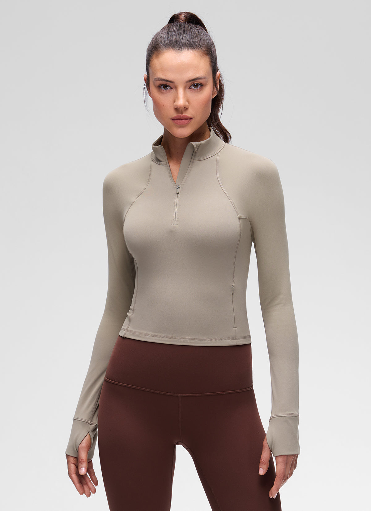 CRZ YOGA Mujer Camiseta Butterluxe con Cremallera Media Gris Ceniza Cálido