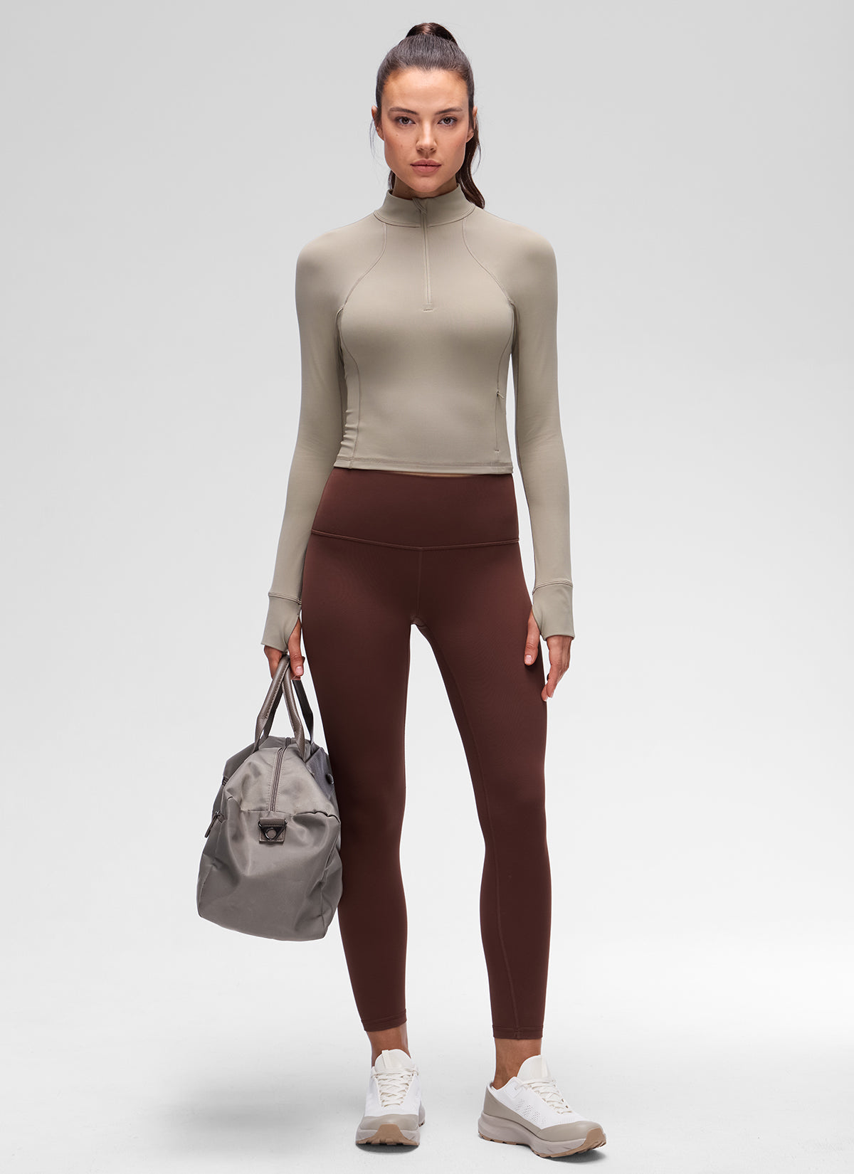 CRZ YOGA Mujer Camiseta Butterluxe con Cremallera Media Gris Ceniza Cálido