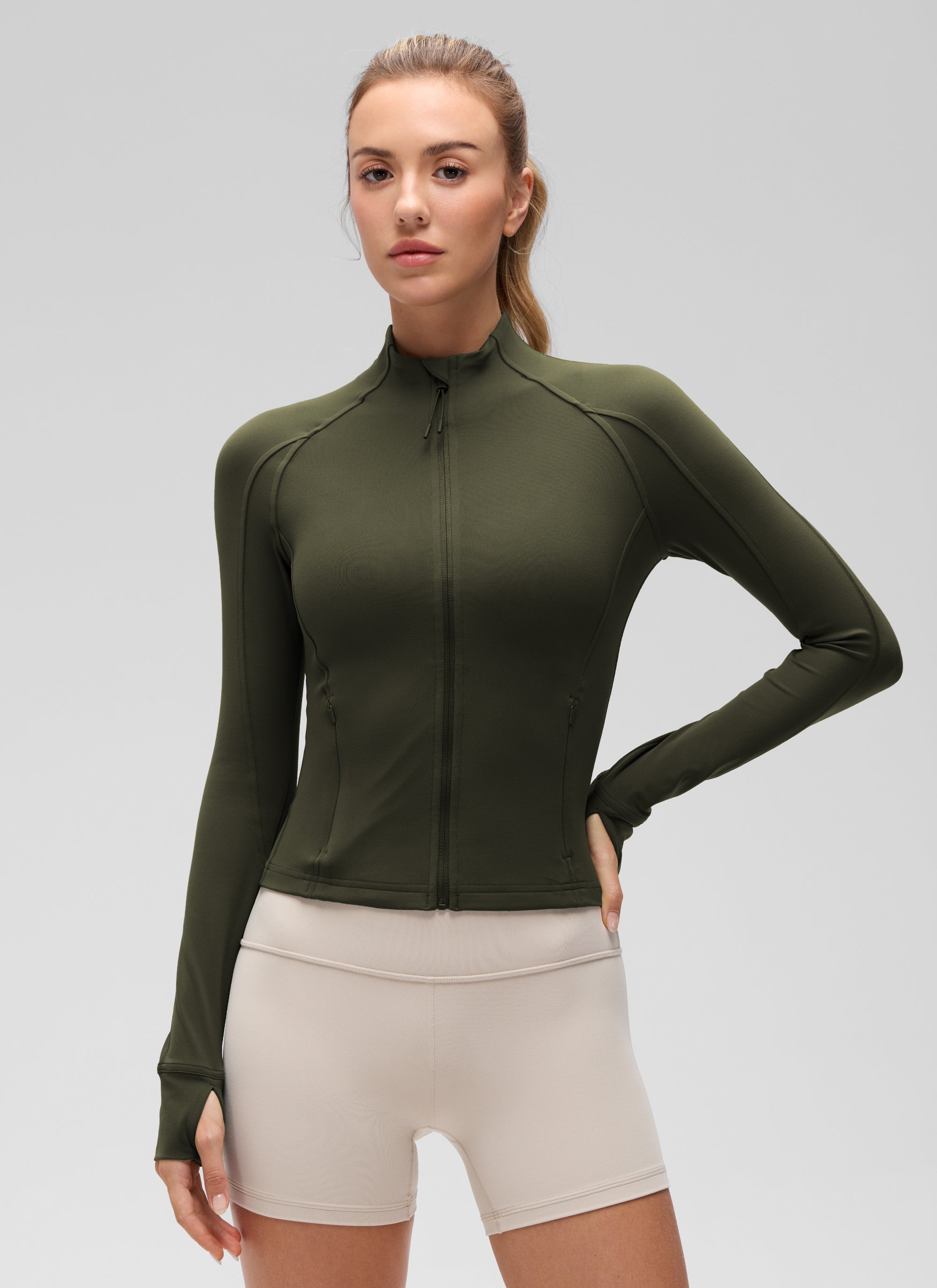 CRZ YOGA Butterluxe Chaqueta Corta con Bolsillos y Cremallera Completa Verde Oliva