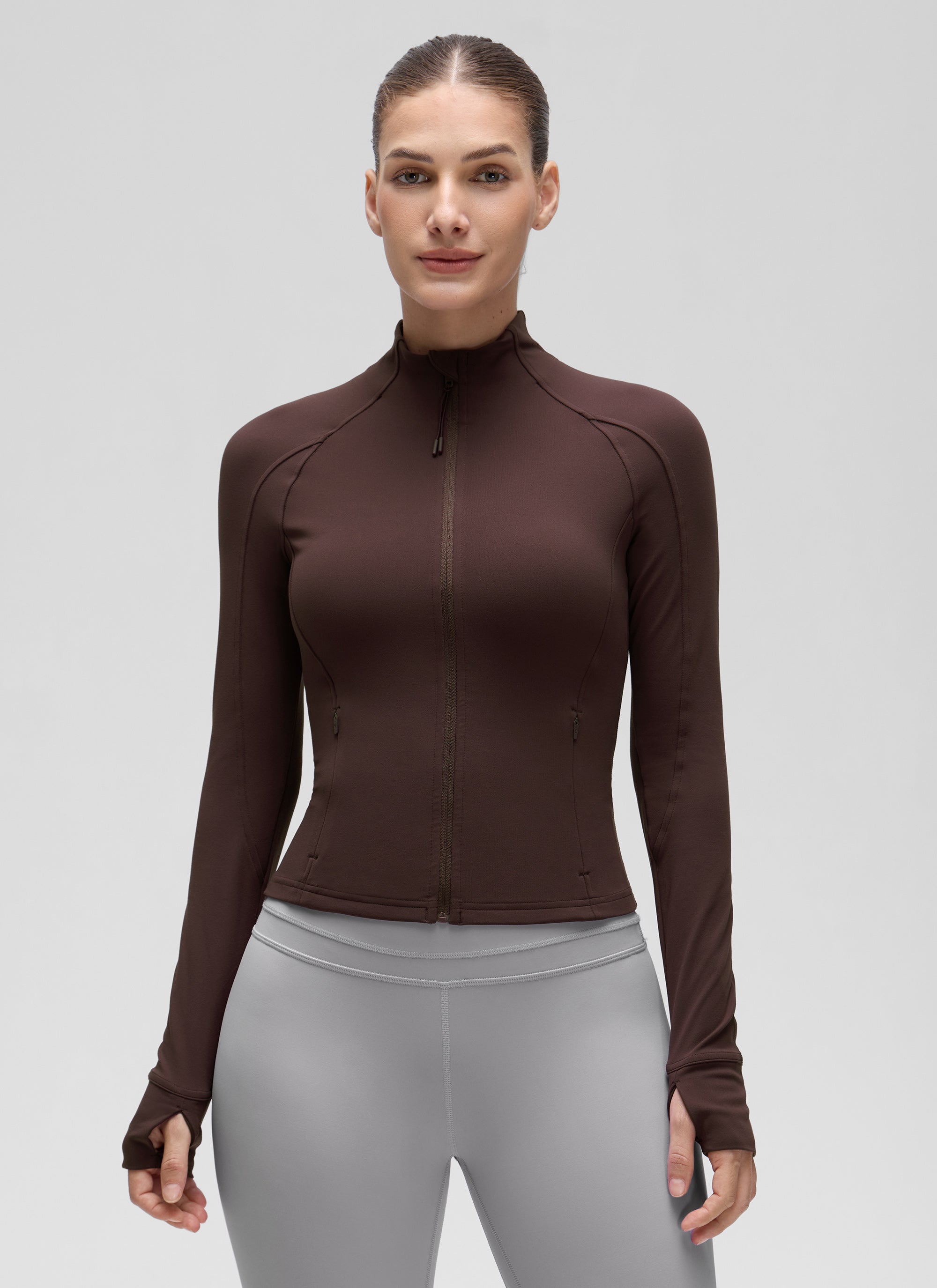 CRZ YOGA Butterluxe Chaqueta Corta con Bolsillos y Cremallera Completa Marrón Fudge Caliente