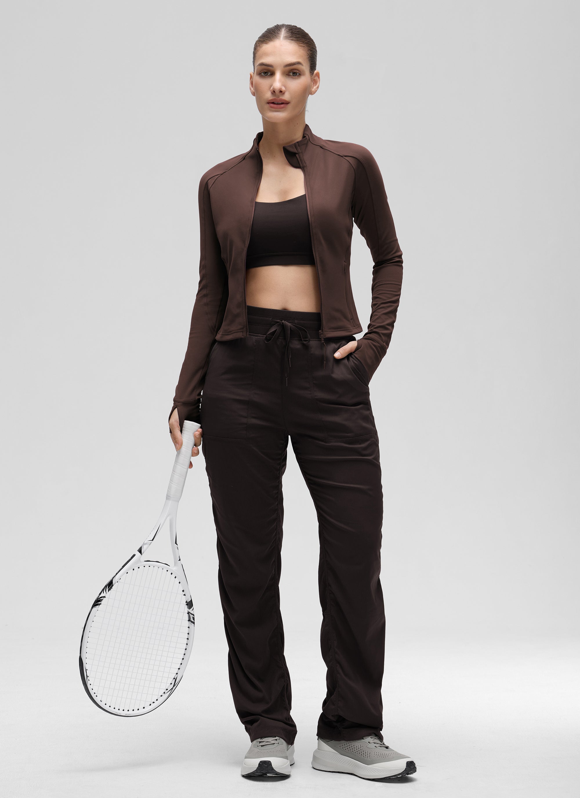 CRZ YOGA Butterluxe Chaqueta Corta con Bolsillos y Cremallera Completa Marrón Fudge Caliente