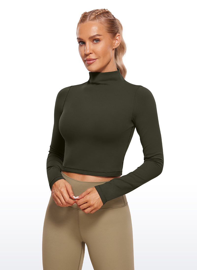 CRZ YOGA Mujer Top Slim Fit de Manga Larga Cropped y Cuello Alto Verde Oliva
