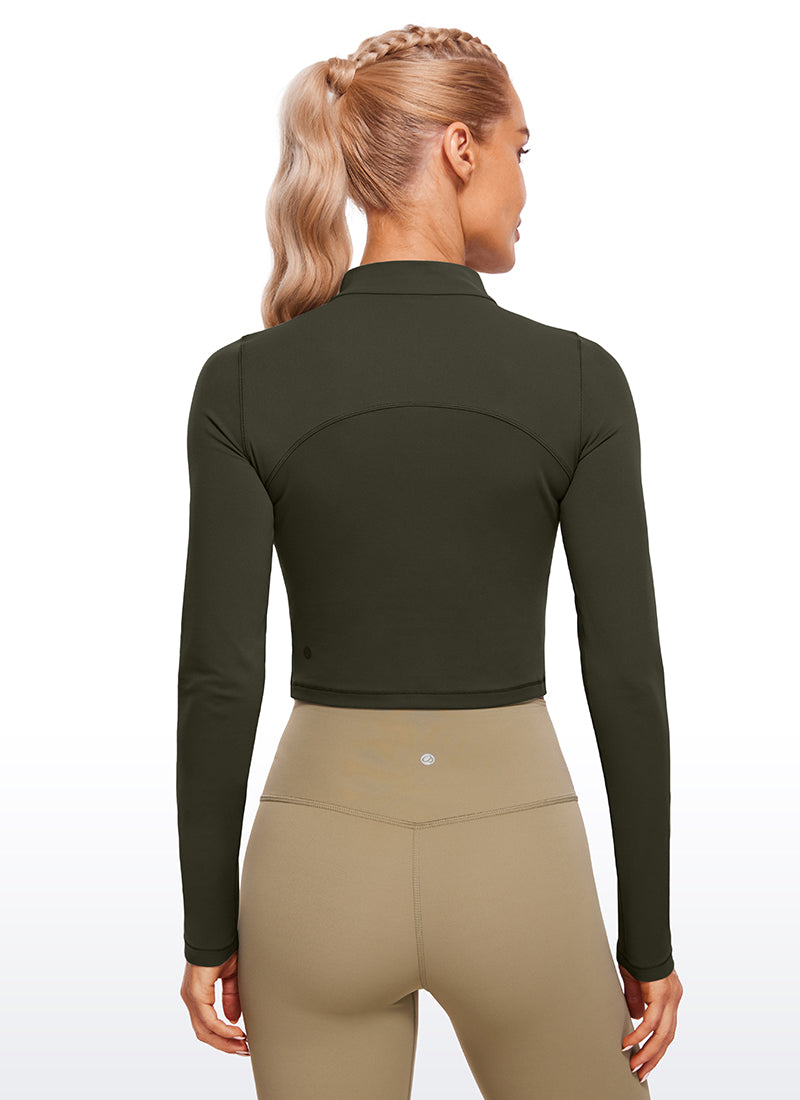 CRZ YOGA Mujer Top Slim Fit de Manga Larga Cropped y Cuello Alto Verde Oliva