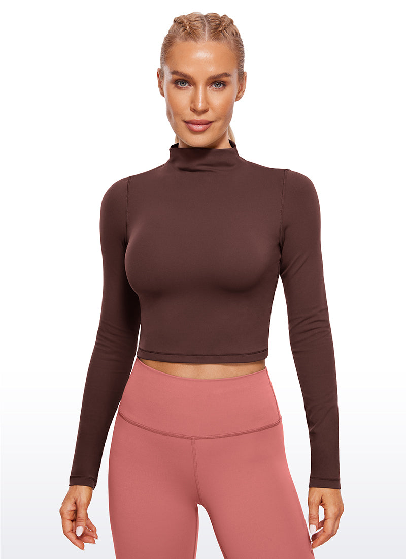 CRZ YOGA Mujer Top Slim Fit de Manga Larga Cropped y Cuello Alto Gris pardo