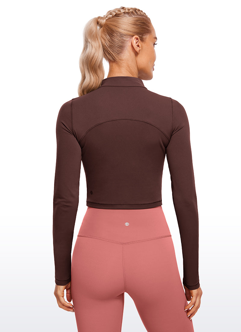 CRZ YOGA Mujer Top Slim Fit de Manga Larga Cropped y Cuello Alto Gris pardo
