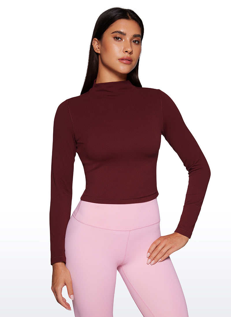 CRZ YOGA Mujer Top Slim Fit de Manga Larga Cropped y Cuello Alto Merlot Rojo
