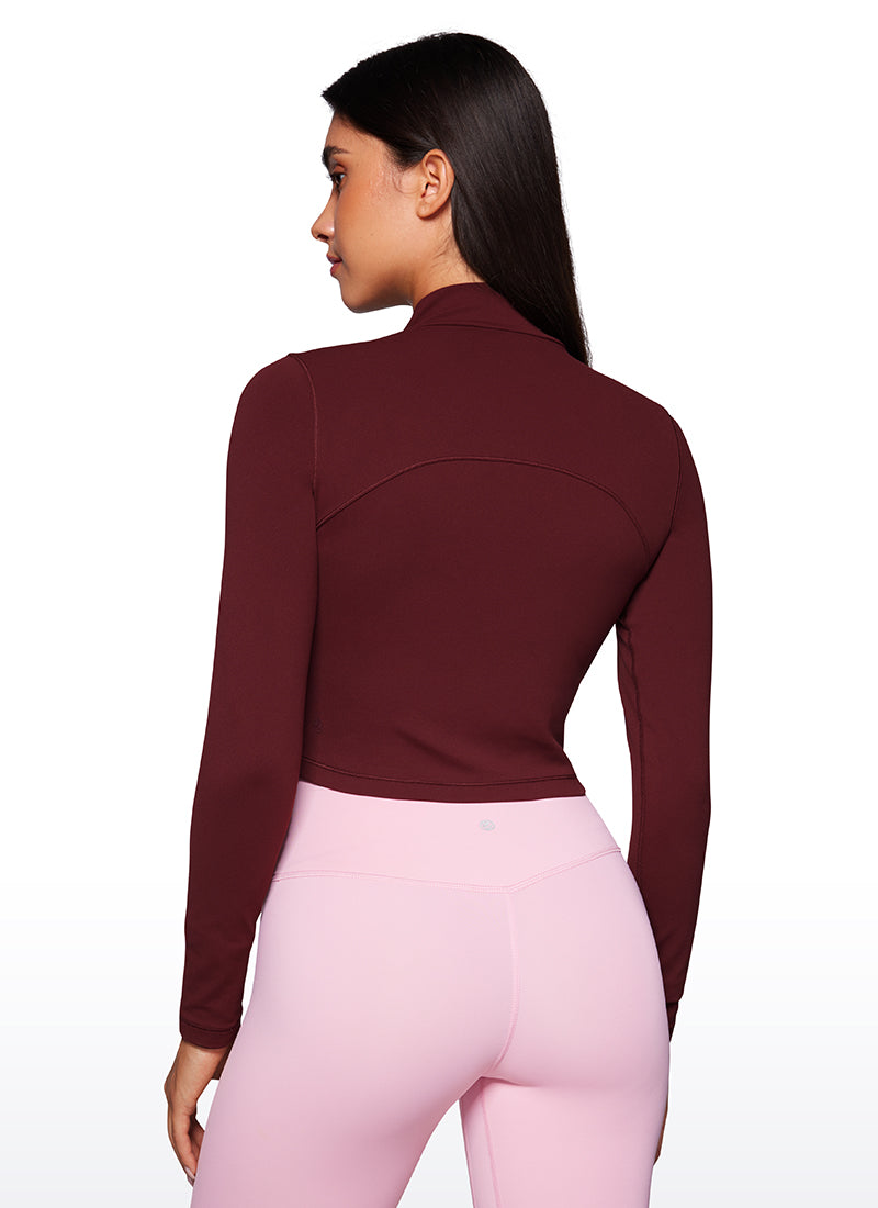 CRZ YOGA Mujer Top Slim Fit de Manga Larga Cropped y Cuello Alto Merlot Rojo