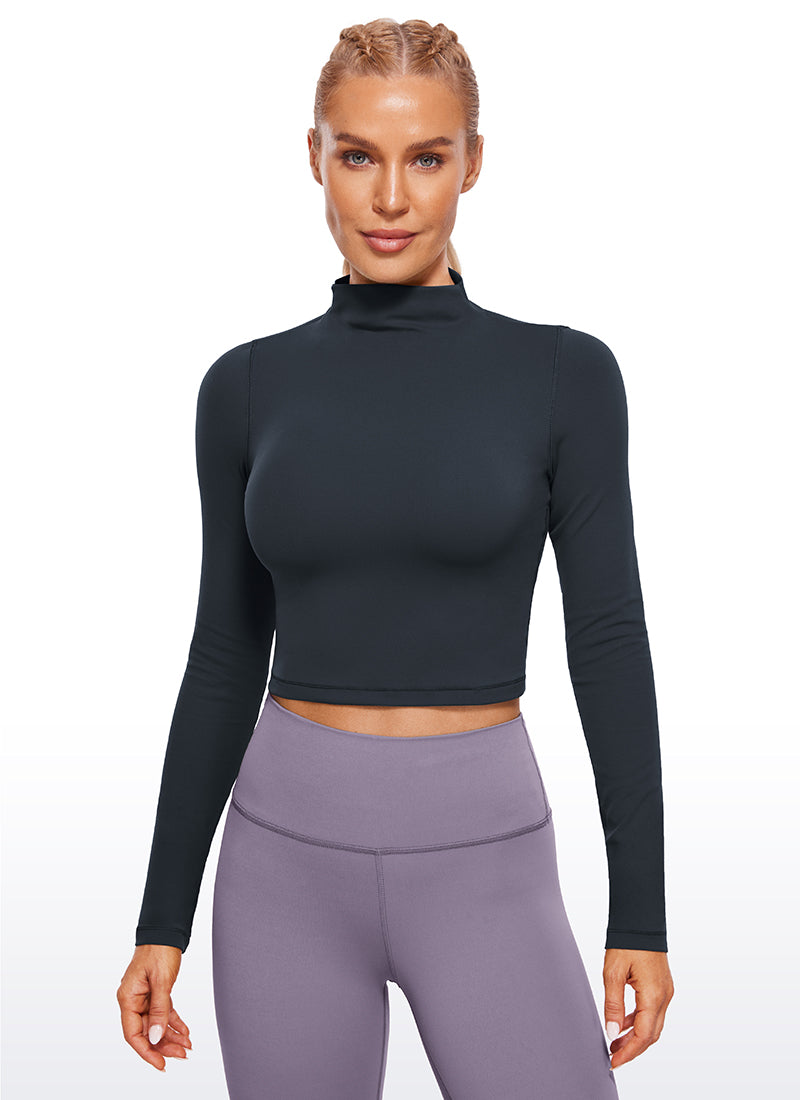 CRZ YOGA Mujer Top Slim Fit de Manga Larga Cropped y Cuello Alto True Navy