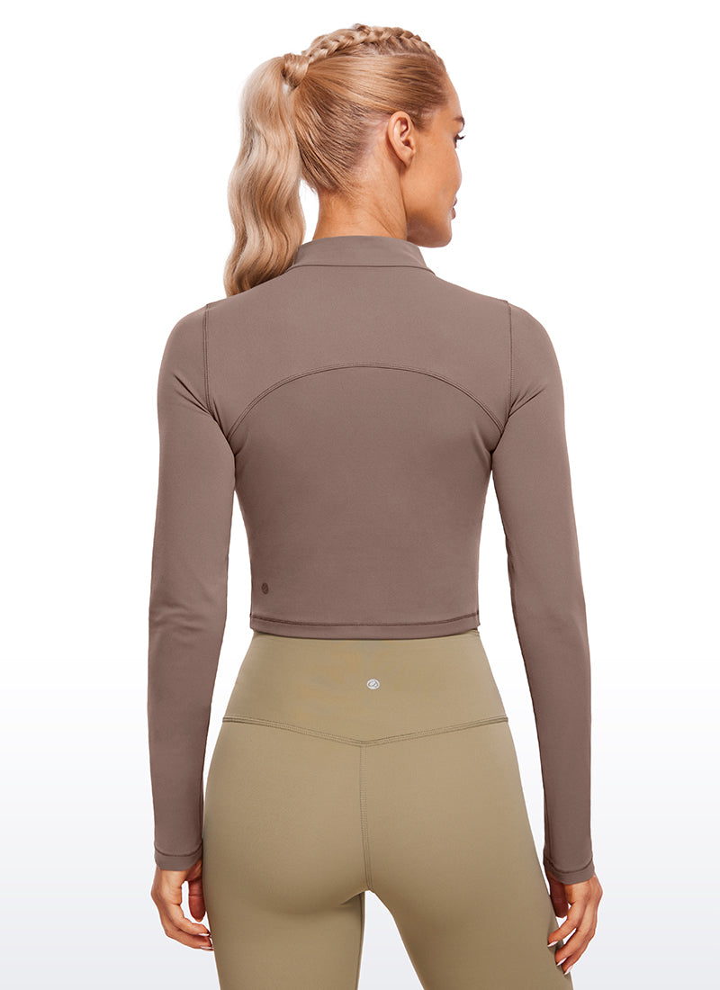 CRZ YOGA Mujer Top Slim Fit de Manga Larga Cropped y Cuello Alto Marrón Morada