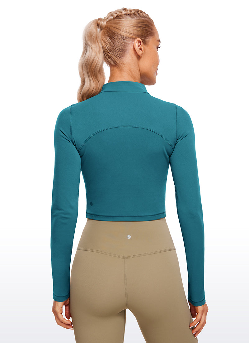 CRZ YOGA Mujer Top Slim Fit de Manga Larga Cropped y Cuello Alto Verde Boreal