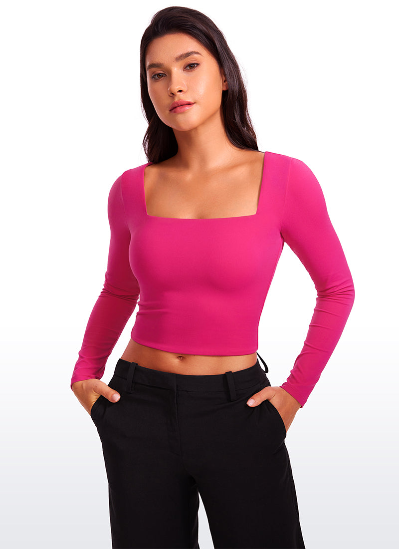 CRZ YOGA Mujer Ajustada Butterluxe Yoga Top Corto de Manga Larga Granito Rosa