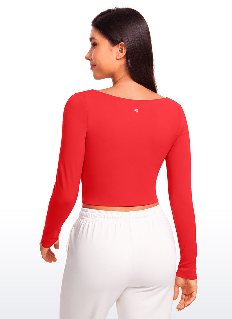 CRZ YOGA Mujer Ajustada Butterluxe Yoga Top Corto de Manga Larga Rojo Profundo
