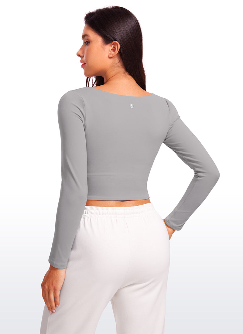 CRZ YOGA Mujer Ajustada Butterluxe Yoga Top Corto de Manga Larga Gris Gaviota