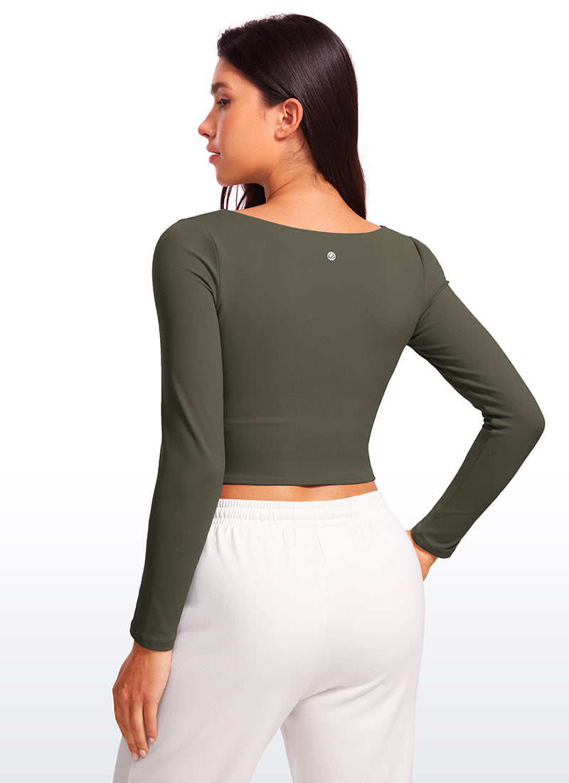 CRZ YOGA Mujer Ajustada Butterluxe Yoga Top Corto de Manga Larga Verde Militar Claro