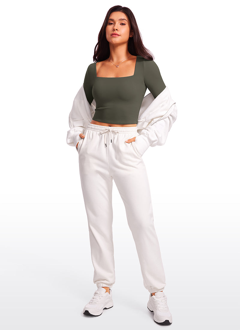 CRZ YOGA Mujer Ajustada Butterluxe Yoga Top Corto de Manga Larga Verde Militar Claro
