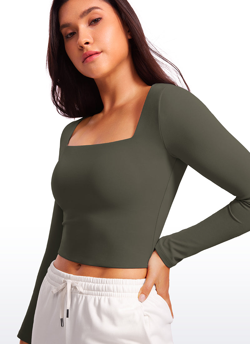 CRZ YOGA Mujer Ajustada Butterluxe Yoga Top Corto de Manga Larga Verde Militar Claro
