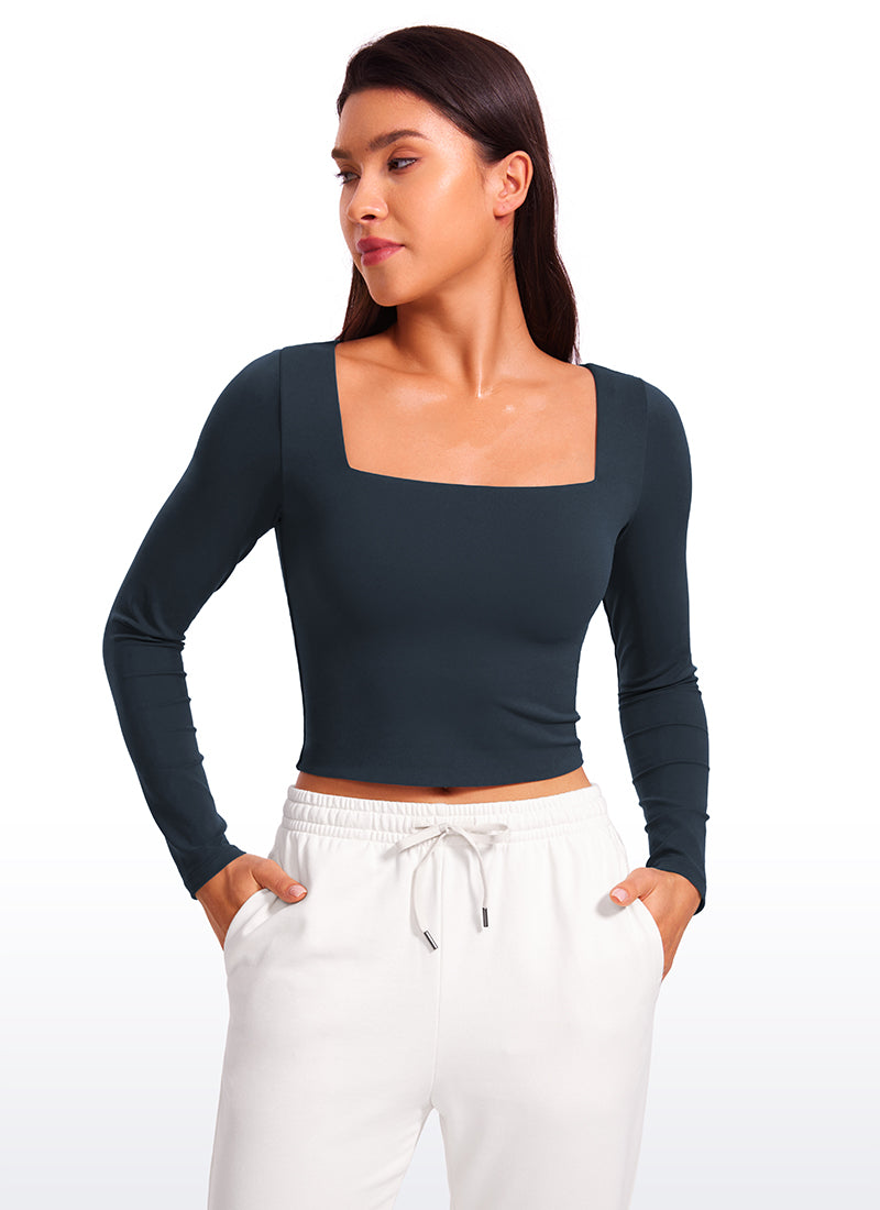 CRZ YOGA Mujer Ajustada Butterluxe Yoga Top Corto de Manga Larga True Navy