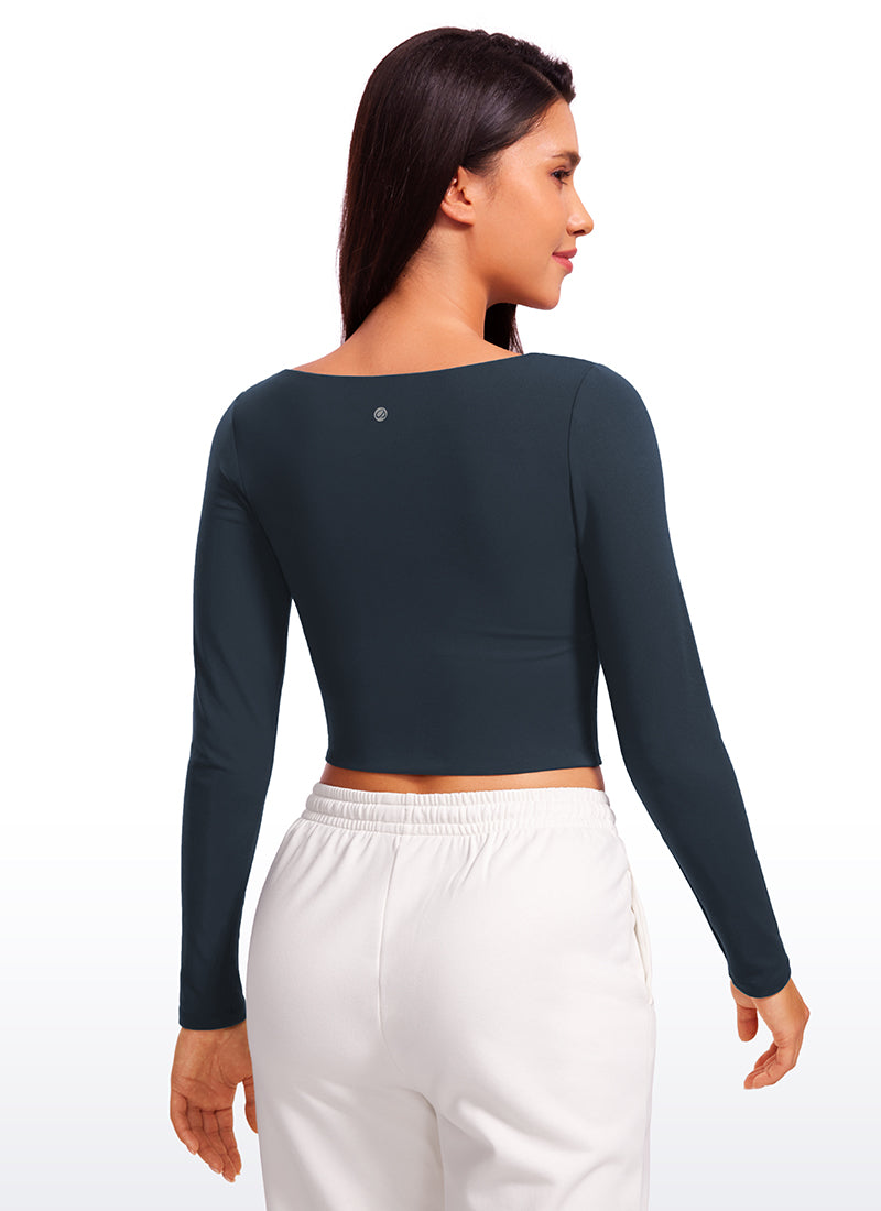 CRZ YOGA Mujer Ajustada Butterluxe Yoga Top Corto de Manga Larga True Navy