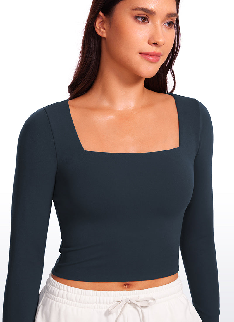 CRZ YOGA Mujer Ajustada Butterluxe Yoga Top Corto de Manga Larga True Navy