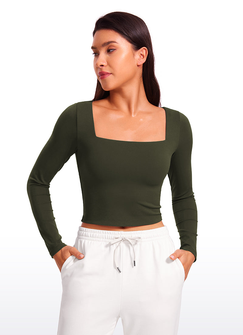 CRZ YOGA Mujer Ajustada Butterluxe Yoga Top Corto de Manga Larga Verde Oliva