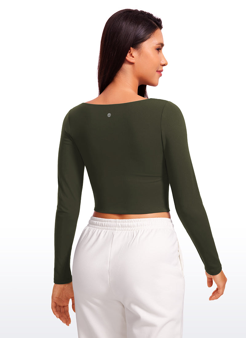 CRZ YOGA Mujer Ajustada Butterluxe Yoga Top Corto de Manga Larga Verde Oliva