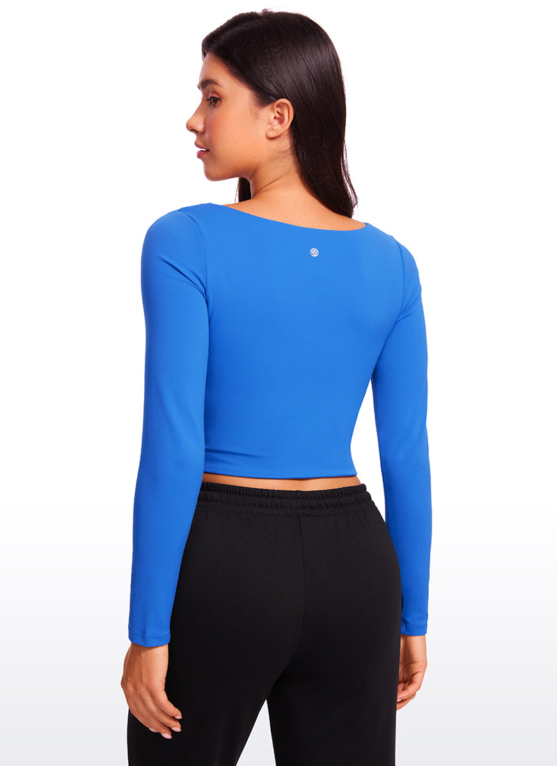 CRZ YOGA Mujer Ajustada Butterluxe Yoga Top Corto de Manga Larga Azul Destello