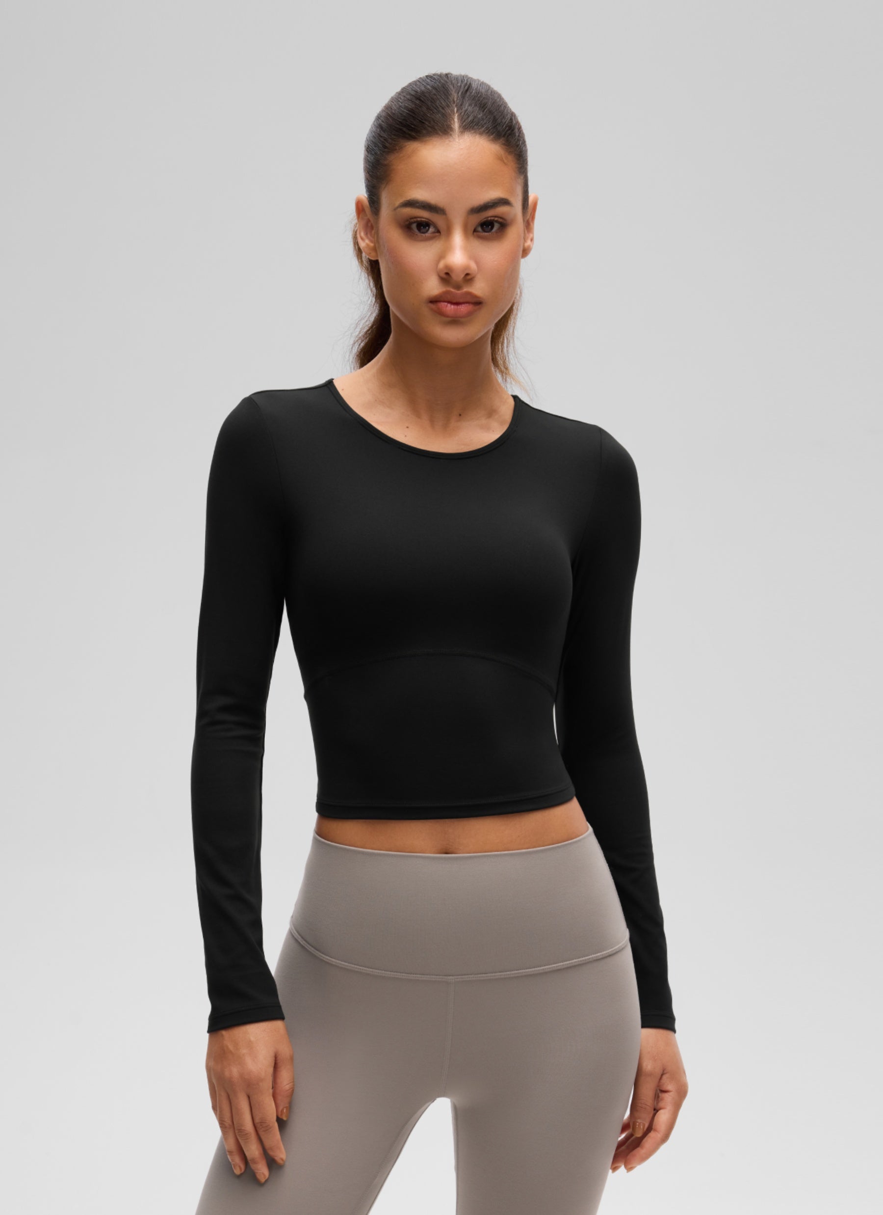 CRZ YOGA Mujer Camiseta Cropped de Manga Larga Slim Fit Butterluxe Negro