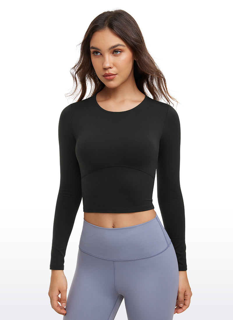CRZ YOGA Mujer Camiseta Cropped de Manga Larga Slim Fit Butterluxe Negro