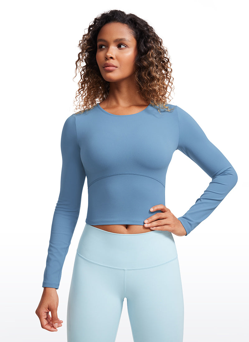 CRZ YOGA Mujer Camiseta Cropped de Manga Larga Slim Fit Butterluxe Universo Azul