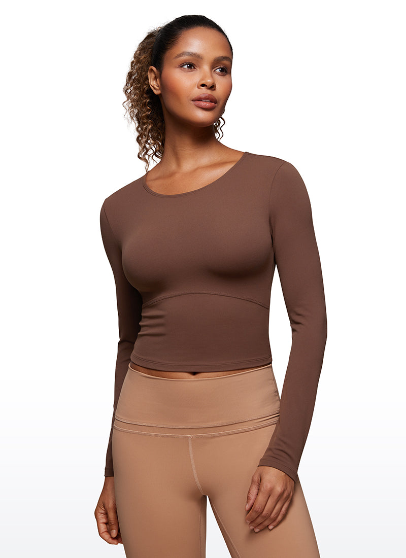 CRZ YOGA Mujer Camiseta Cropped de Manga Larga Slim Fit Butterluxe Café Morena