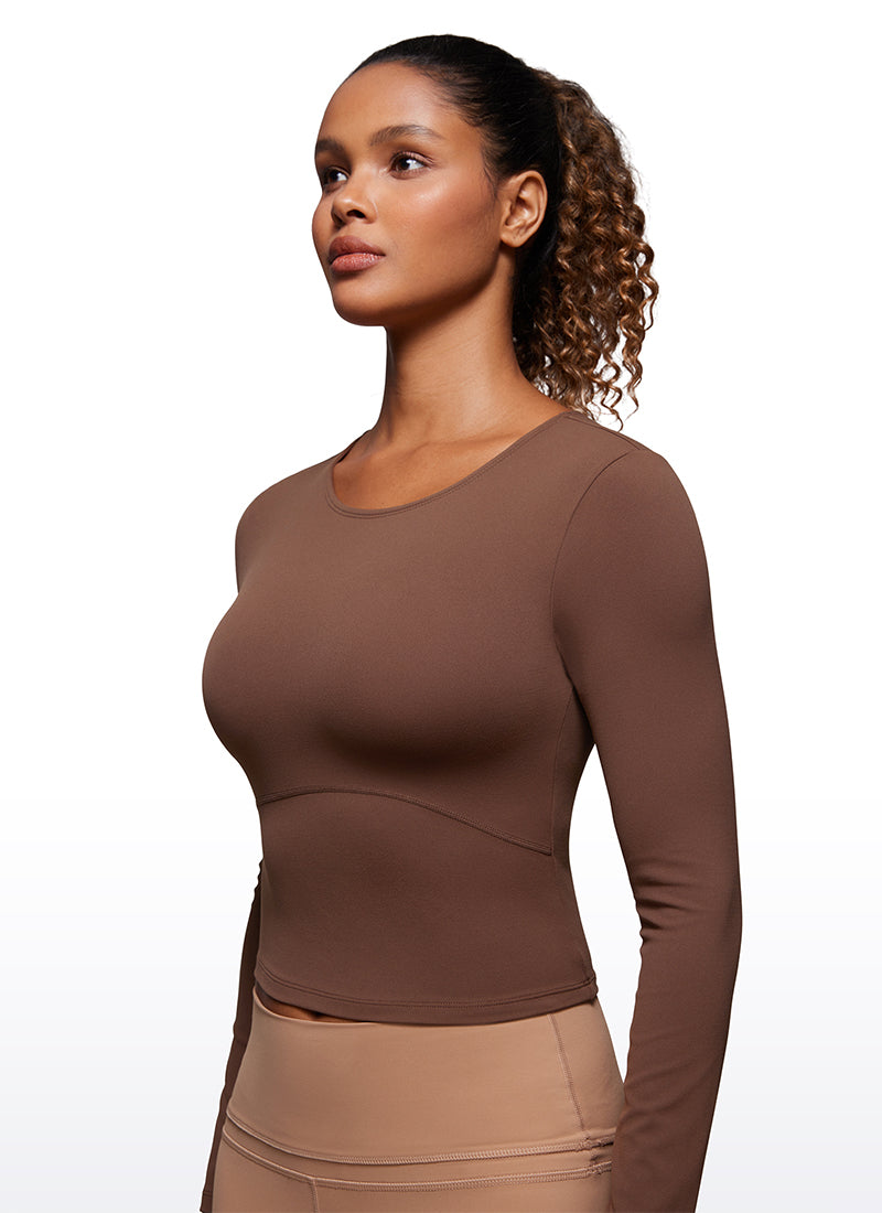 CRZ YOGA Mujer Camiseta Cropped de Manga Larga Slim Fit Butterluxe Café Morena