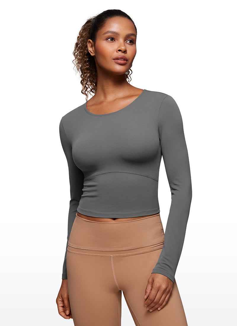 CRZ YOGA Mujer Camiseta Cropped de Manga Larga Slim Fit Butterluxe Lava Humo Gris