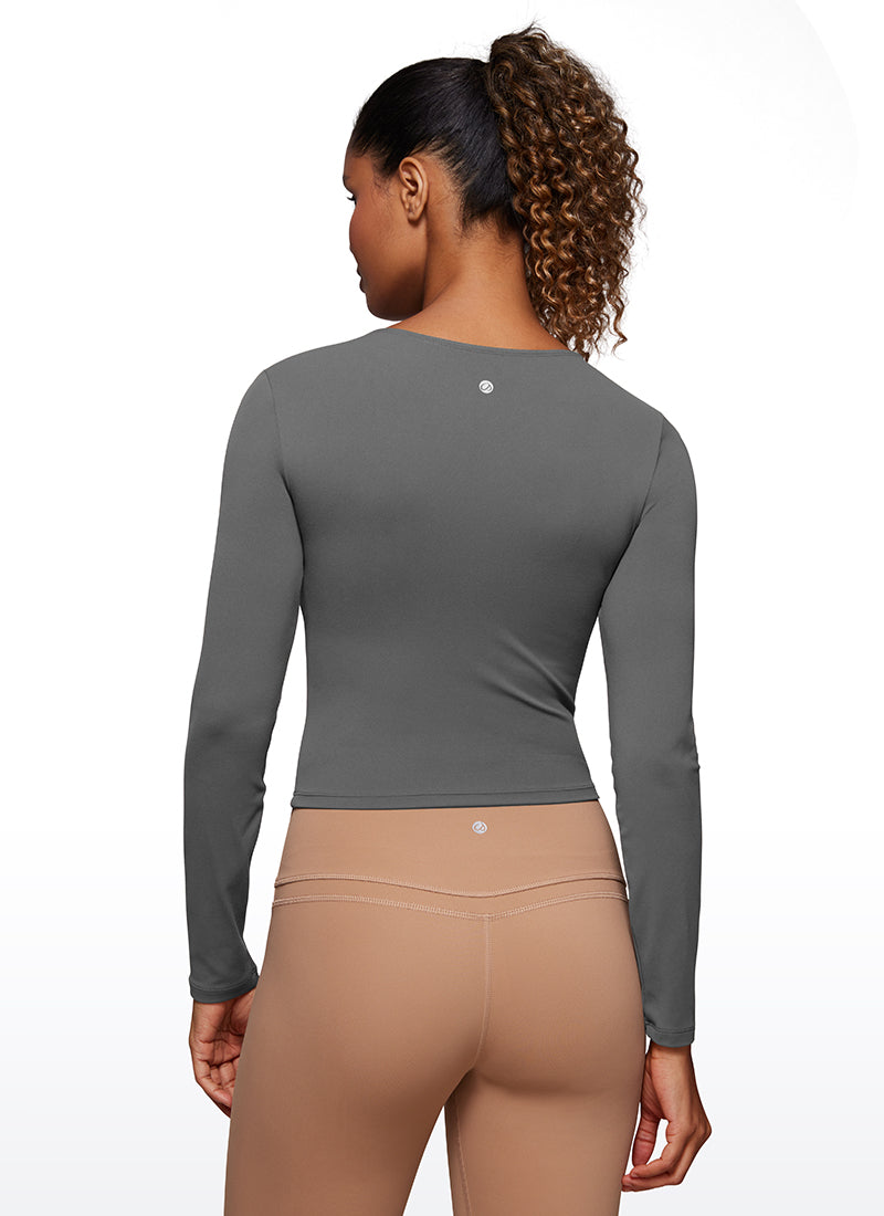 CRZ YOGA Mujer Camiseta Cropped de Manga Larga Slim Fit Butterluxe Lava Humo Gris