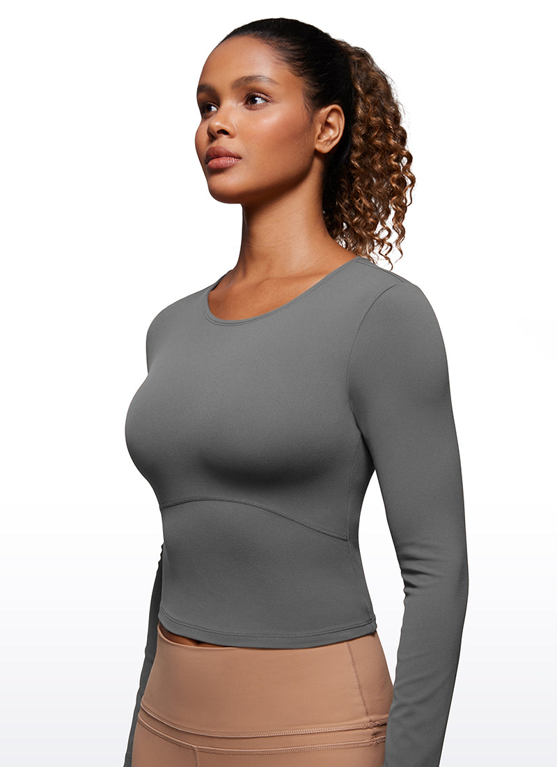 CRZ YOGA Mujer Camiseta Cropped de Manga Larga Slim Fit Butterluxe Lava Humo Gris
