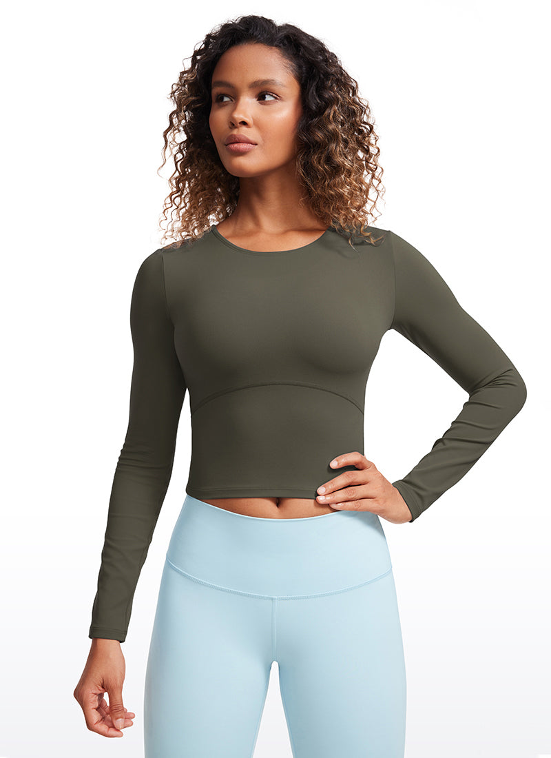 CRZ YOGA Mujer Camiseta Cropped de Manga Larga Slim Fit Butterluxe Verde Militar Claro