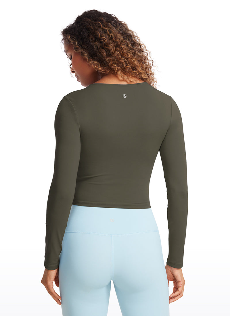 CRZ YOGA Mujer Camiseta Cropped de Manga Larga Slim Fit Butterluxe Verde Militar Claro