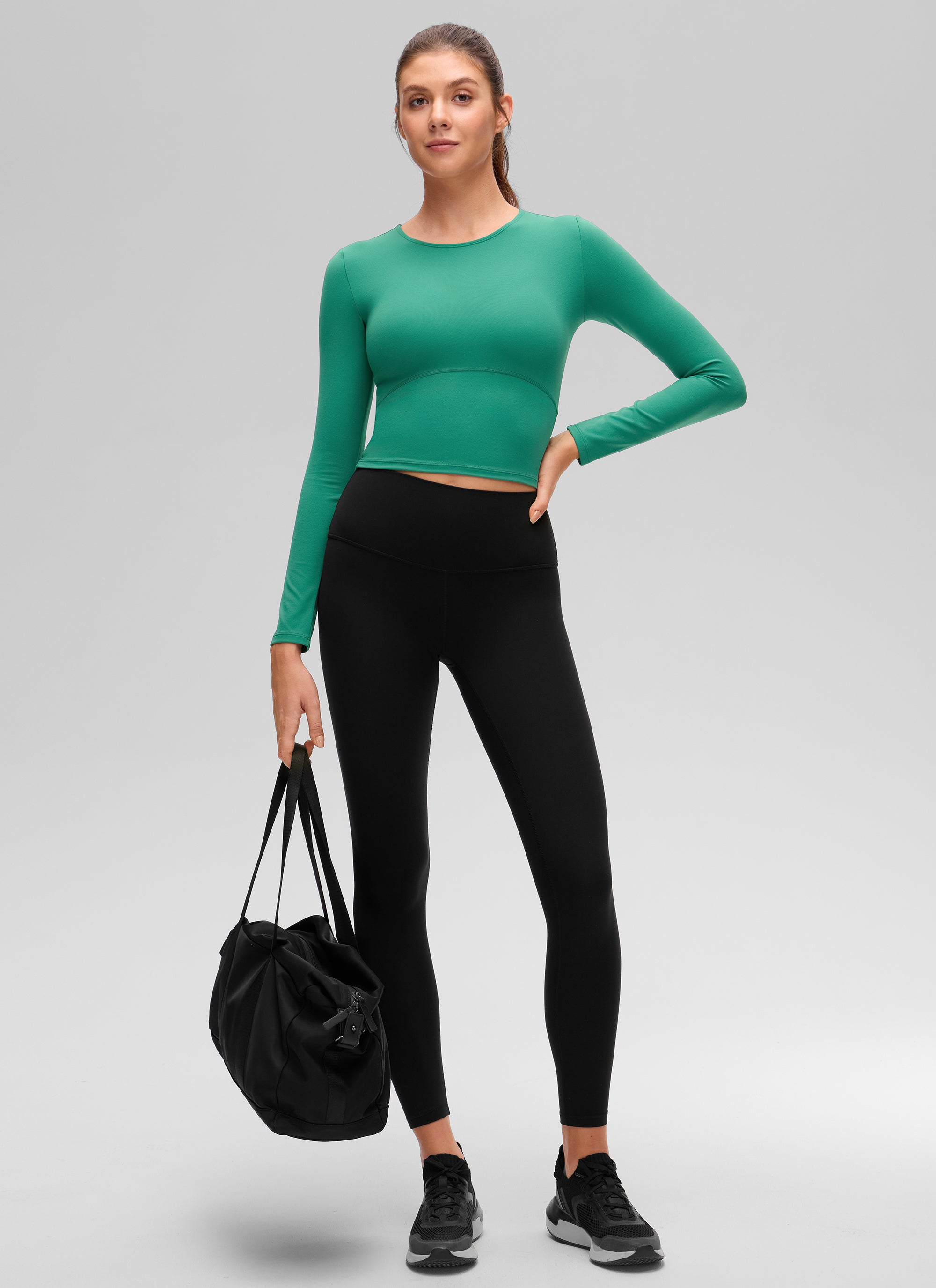 CRZ YOGA Mujer Camiseta Cropped de Manga Larga Slim Fit Butterluxe Verde Cascadia