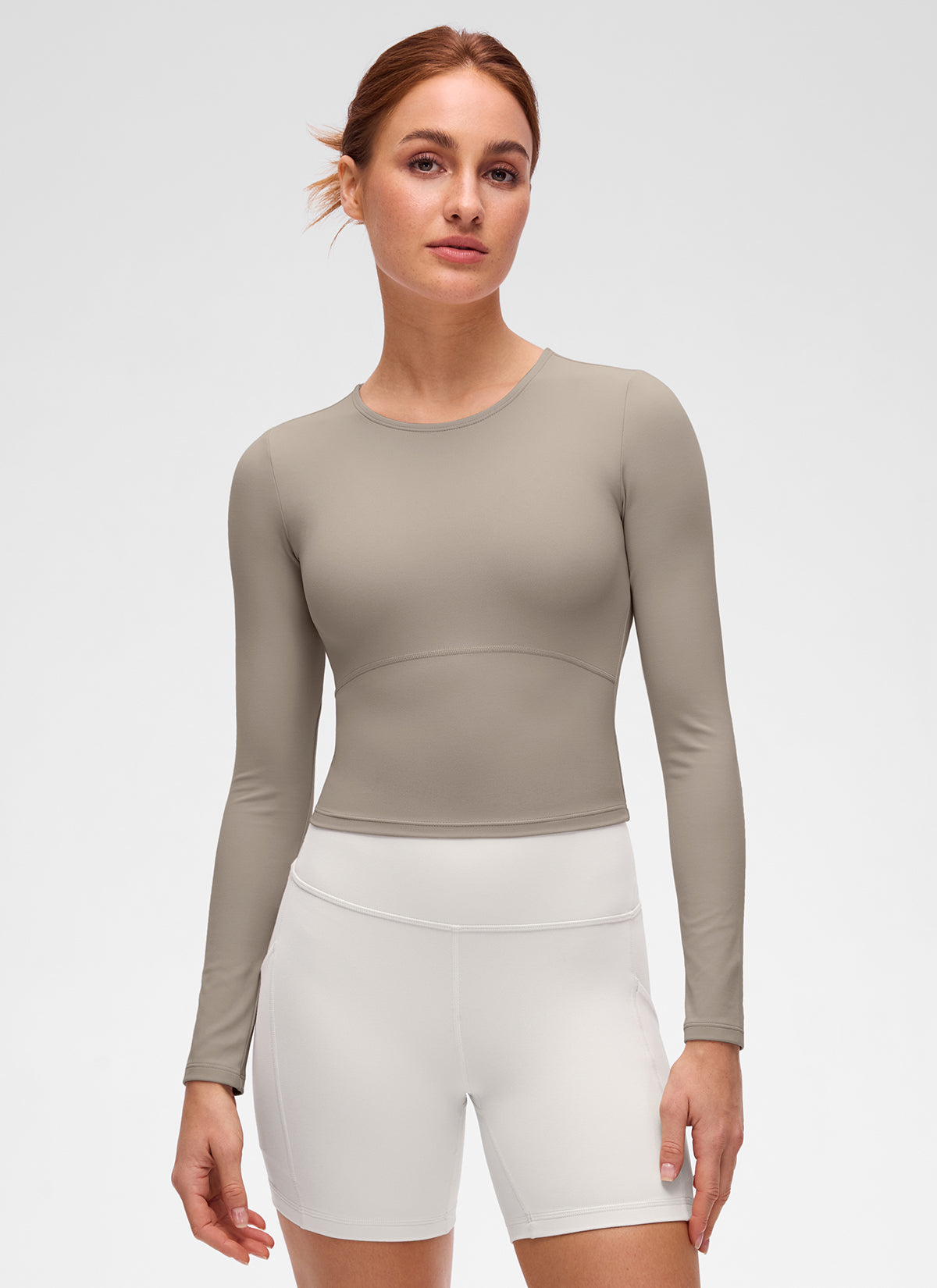 CRZ YOGA Mujer Camiseta Cropped de Manga Larga Slim Fit Butterluxe Gris Ceniza Cálido