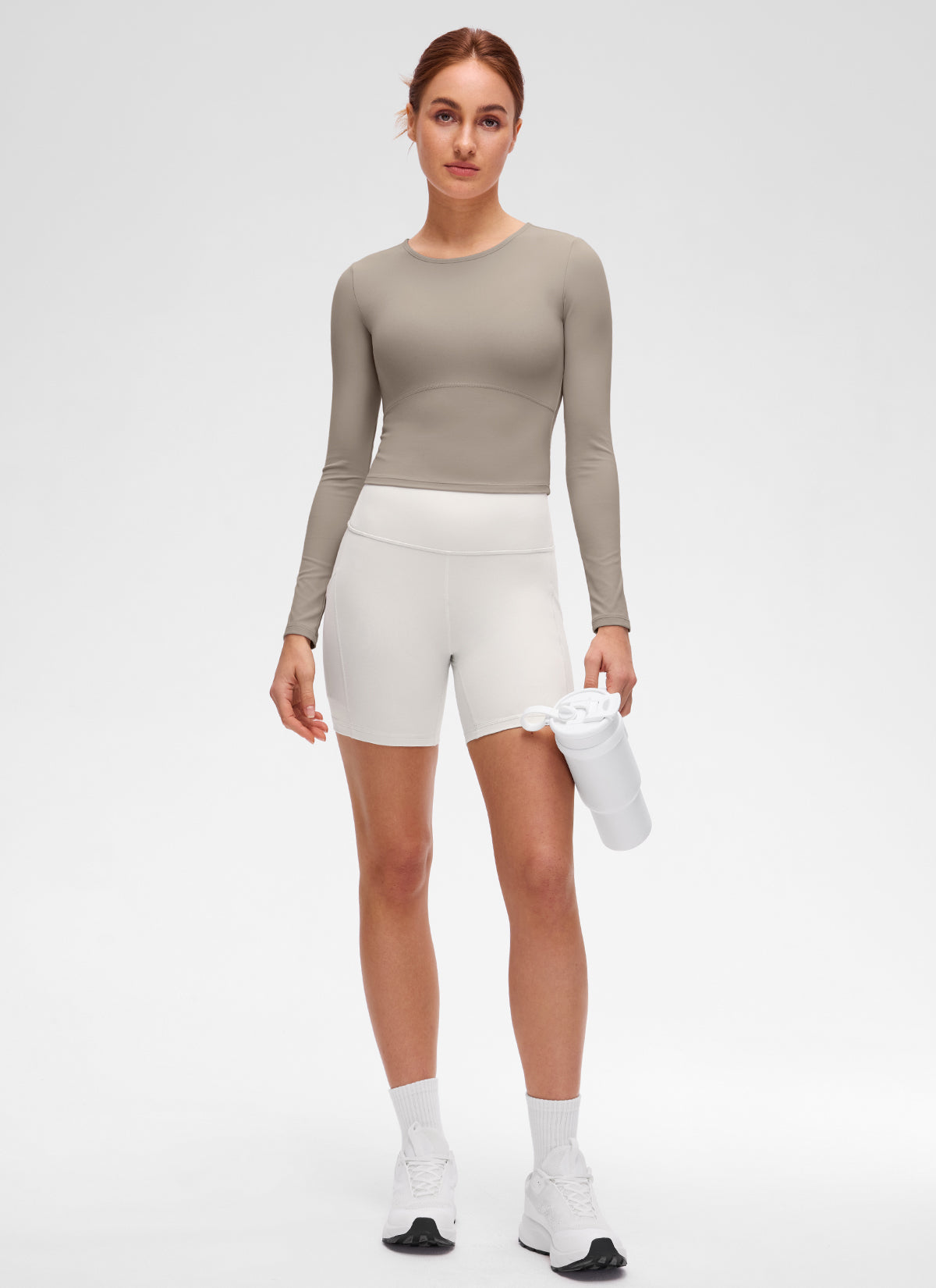 CRZ YOGA Mujer Camiseta Cropped de Manga Larga Slim Fit Butterluxe Gris Ceniza Cálido