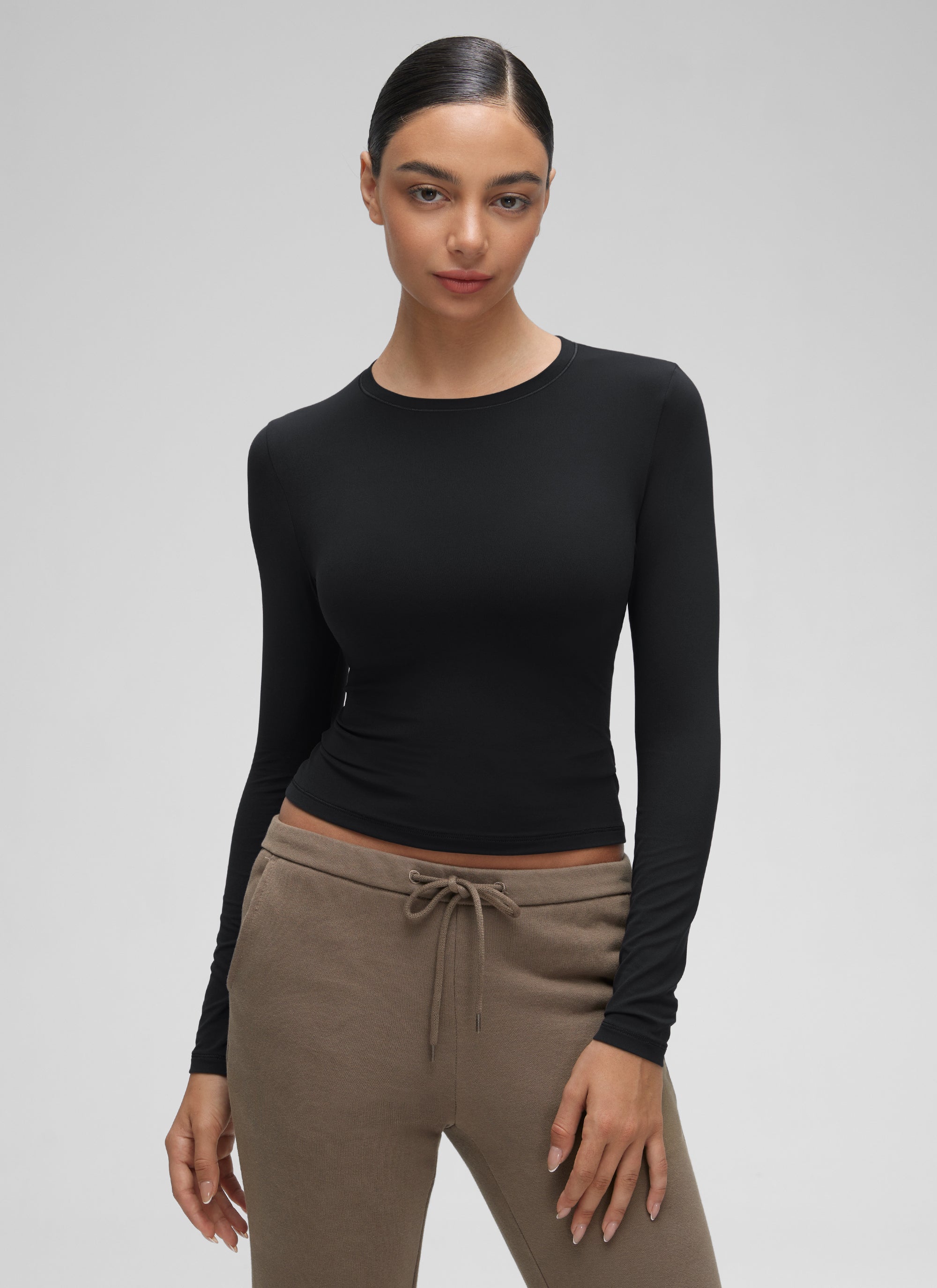 CRZ YOGA Camiseta Mujer Cuello Redondo Ajustada Manga Larga Casual Negro