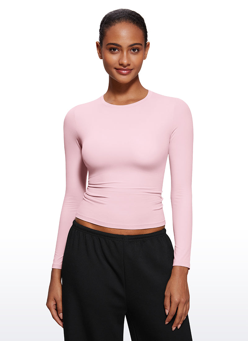 CRZ YOGA Camiseta Mujer Cuello Redondo Ajustada Manga Larga Casual Negro